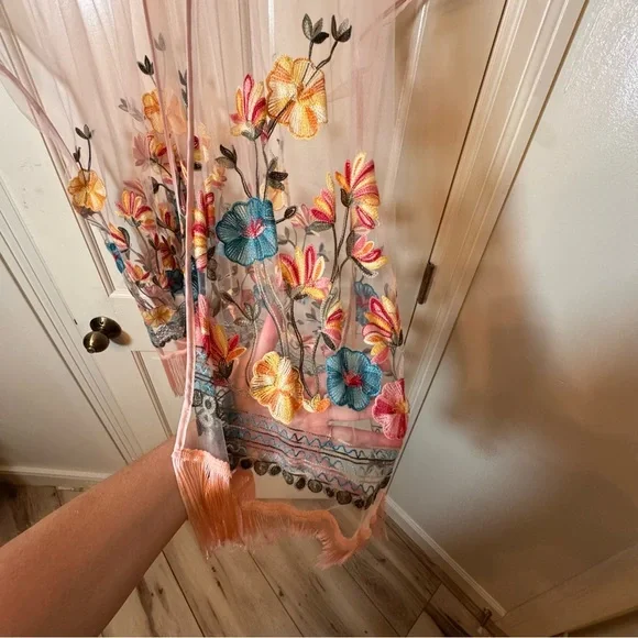 Boho Floral Embroidered Sheer Kimono with Fringe Trim - Picture 2 of 2